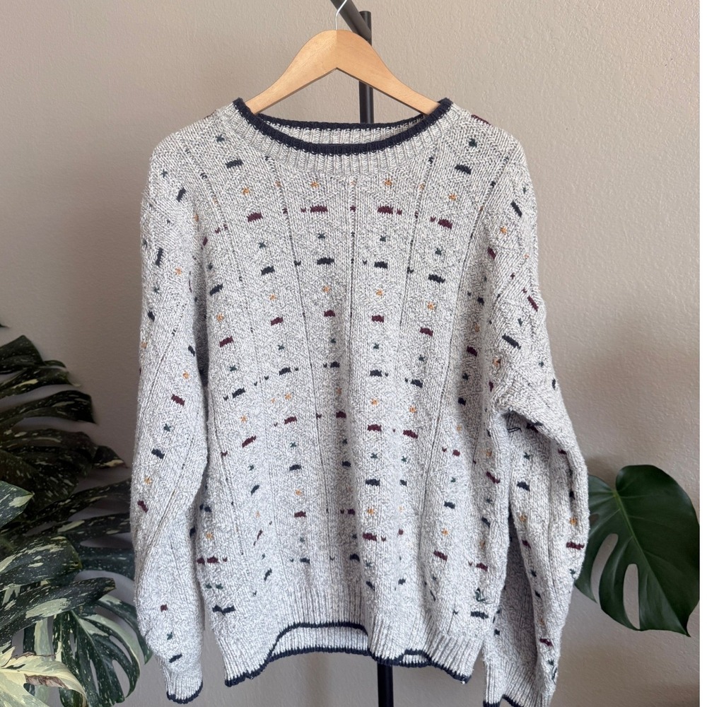 Andhurst Mens Vintage 90s Cotton Knit Sweater Gray Geometric Crewneck Large